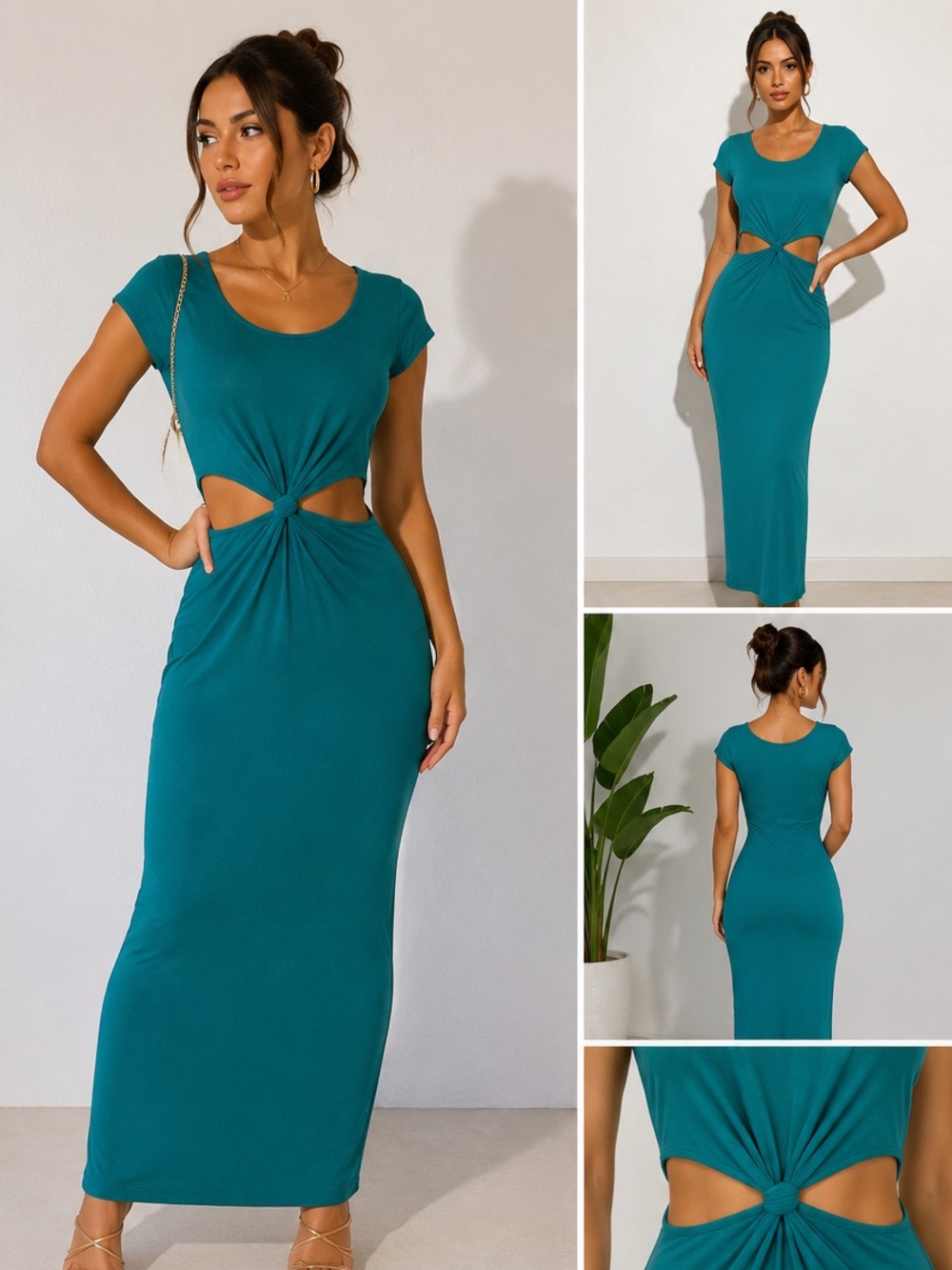 Shasa Y2K Teal Cutout Knot Front Maxi Dress Small Made in USA